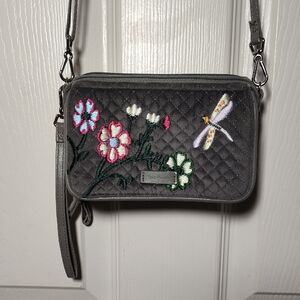 Vera Bradley RFID Crossbody Wallet Wolf Gray embroidered Flowers Dragonfly